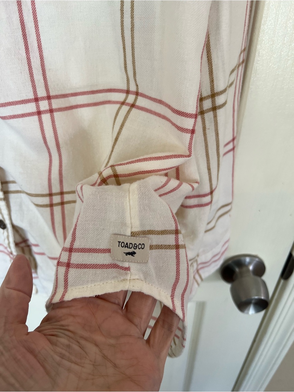 Toad&Co Re-Form Flannel Plaid Shirt Cream Pink Tan Size Large - Picture 5 of 10